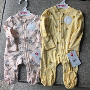 Huggies Baby Girl Sleepers. Pink With Giraffes Is NB /Yellow Bumblebee 3M